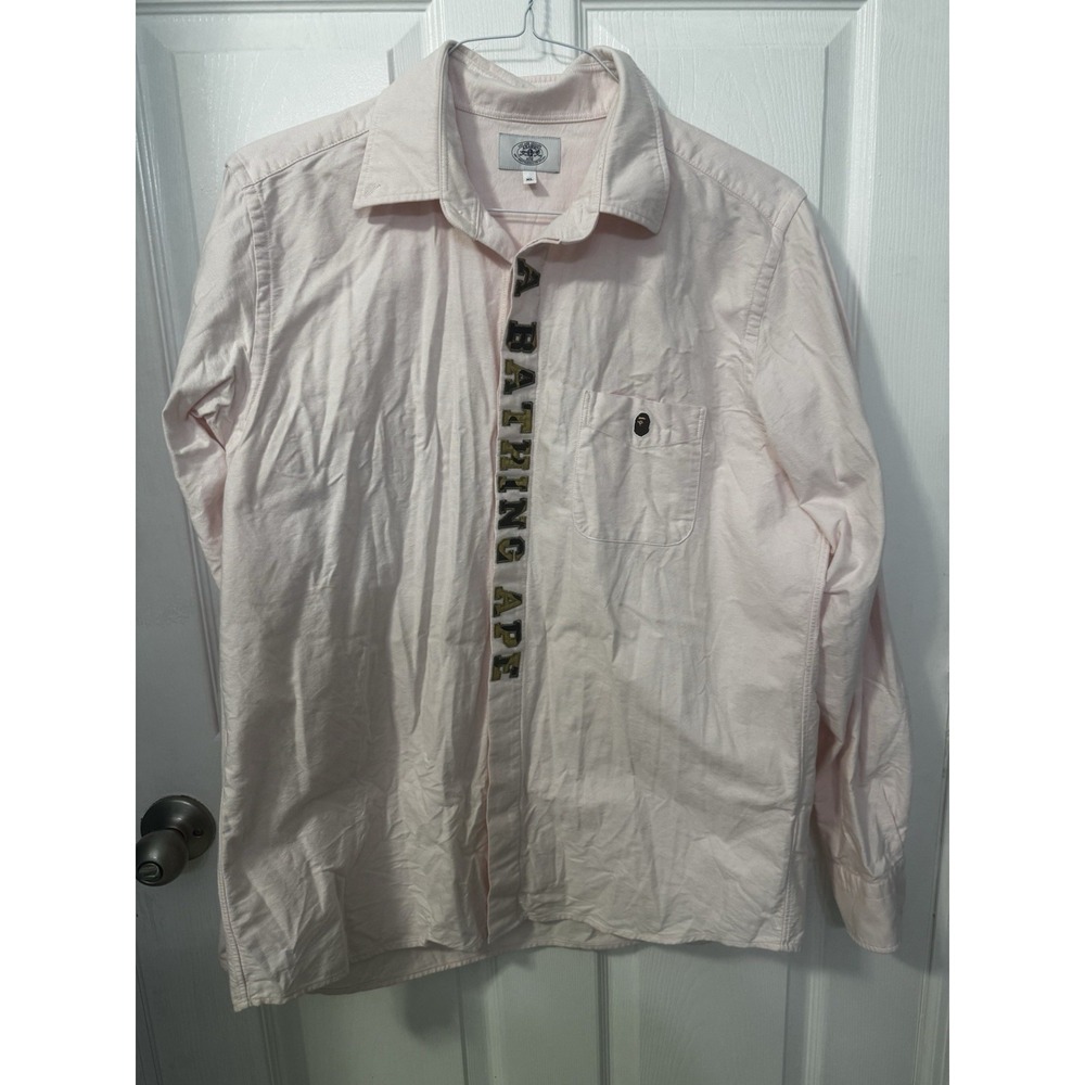 BAPE A Bathing Ape Mens XL Pink Oxford Button Up Shirt Camo Logo Long Sleeve